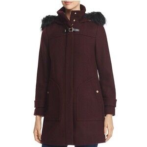 NWT Cole Haan Women’s Maroon Peacoat Fur Hood Elegant Outdoor Classic City-8